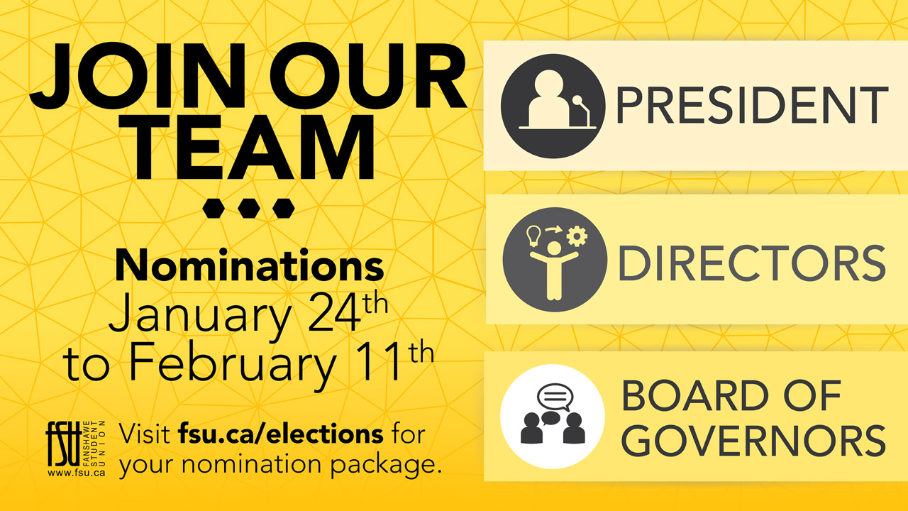 Join our team. Nominations January 24 to February 11. President. Directors. Board of Governors. Visit www.fsu.ca/elections for your nomination package.