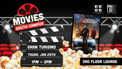 An image showing the Gran Turismo movie poster and an illustration of popcorn. Text states: FSU Movies. South Campus. Third Floor Lounge. Gran Turismo. January 25. 1 p.m. to 3 p.m.