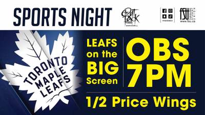 Toronto Maple Leafs, The Out Back Shack and FSU logos are shown. Text states: Sports Night. Leafs on the big screen. OBS. 7 p.m. Half-price wings.
