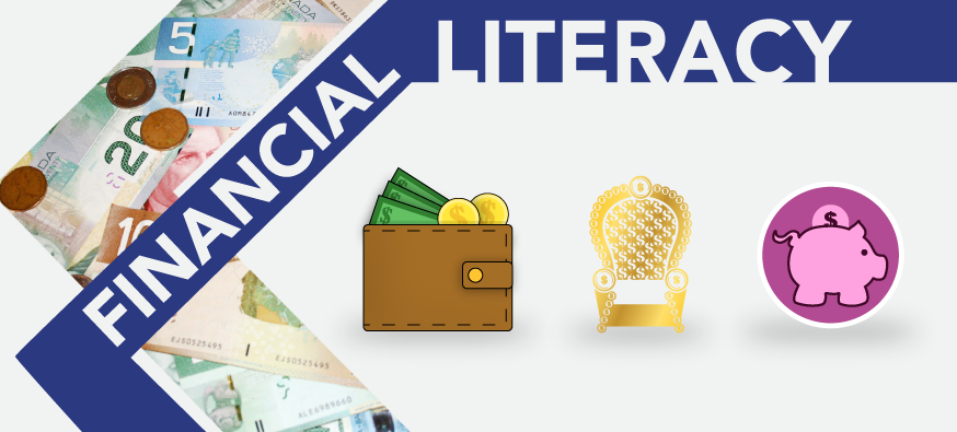 Financial Literacy text with images of money and illustrations of piggy banks and a wallet