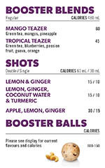 Booster Juice menu. Content presented in text below.